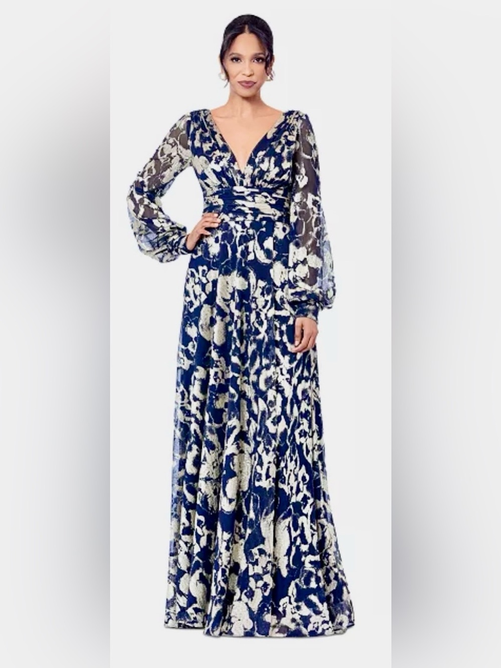Betsy & Adam Navy and White Floral Wrap Long Sleeve Maxi Dress